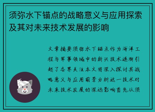 须弥水下锚点的战略意义与应用探索及其对未来技术发展的影响